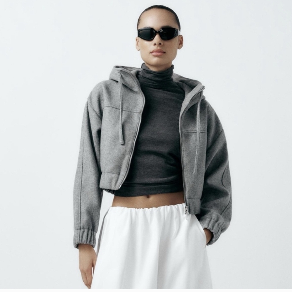 Zara Felt Texture Gray Cropped Hoodie Jacket